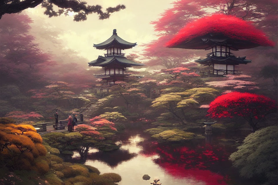 Ethereal Japanese garden with vibrant foliage, traditional pagodas, calm pond, and tranquil atmosphere