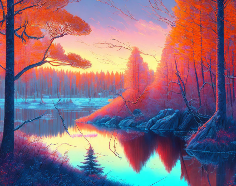 Serene forest and lake digital artwork at sunset