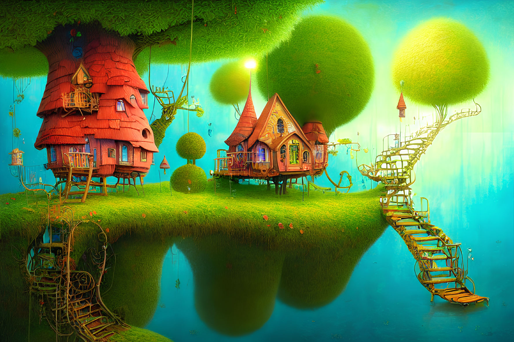 Colorful Whimsical Landscape with Treehouses, Bridges, and Floating Island