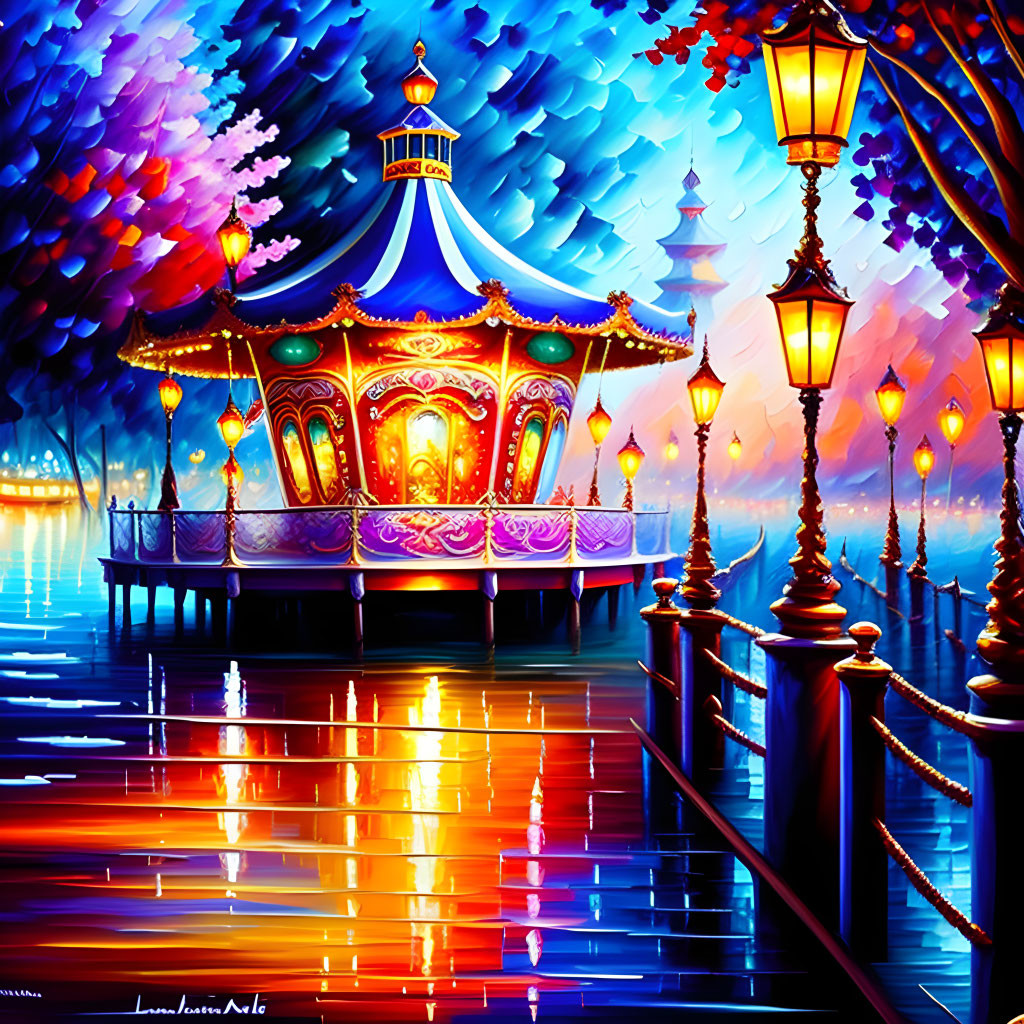 Colorful Carousel Painting at Night with Water Reflections