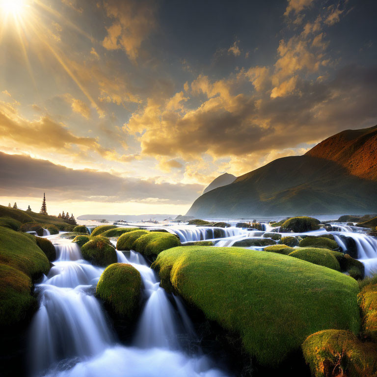 Sunlight through clouds over serene river with waterfalls, moss-covered rocks, lush greenery, mountains