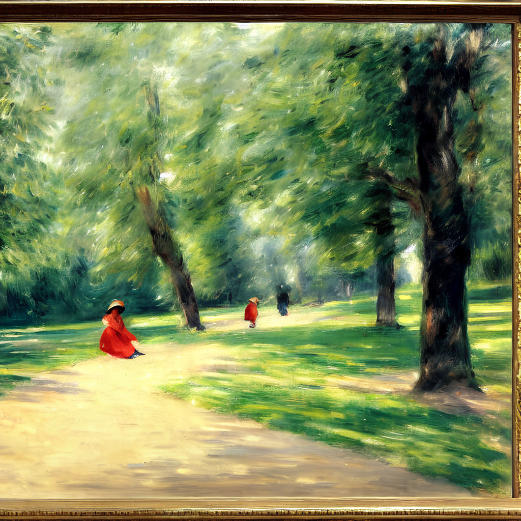 Impressionist painting of sunlit park scene in ornate frame