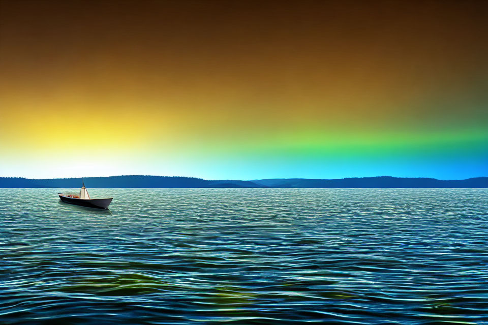 Boat on Tranquil Waters with Gradient Sky and Silhouette Hills