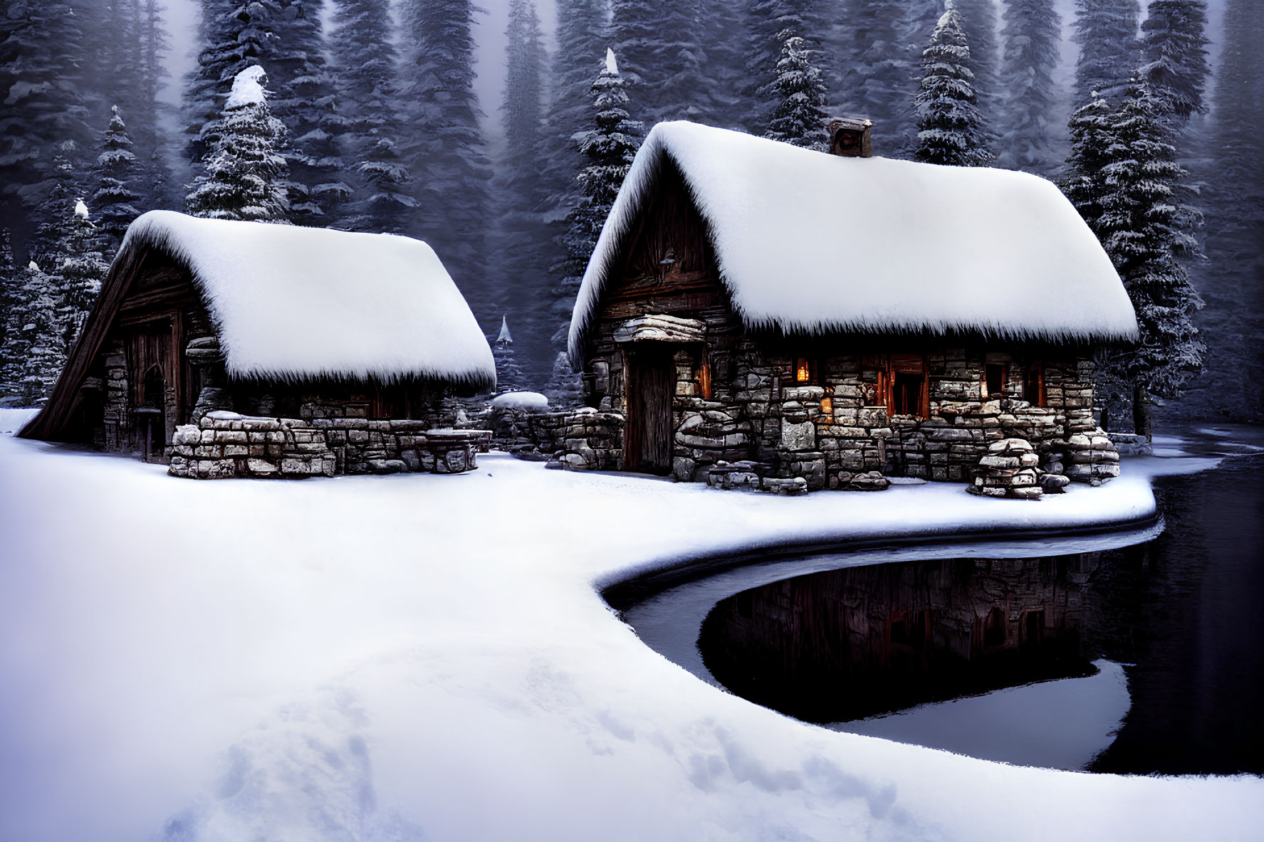 Winter cabins by river in snowy forest with warm glowing windows