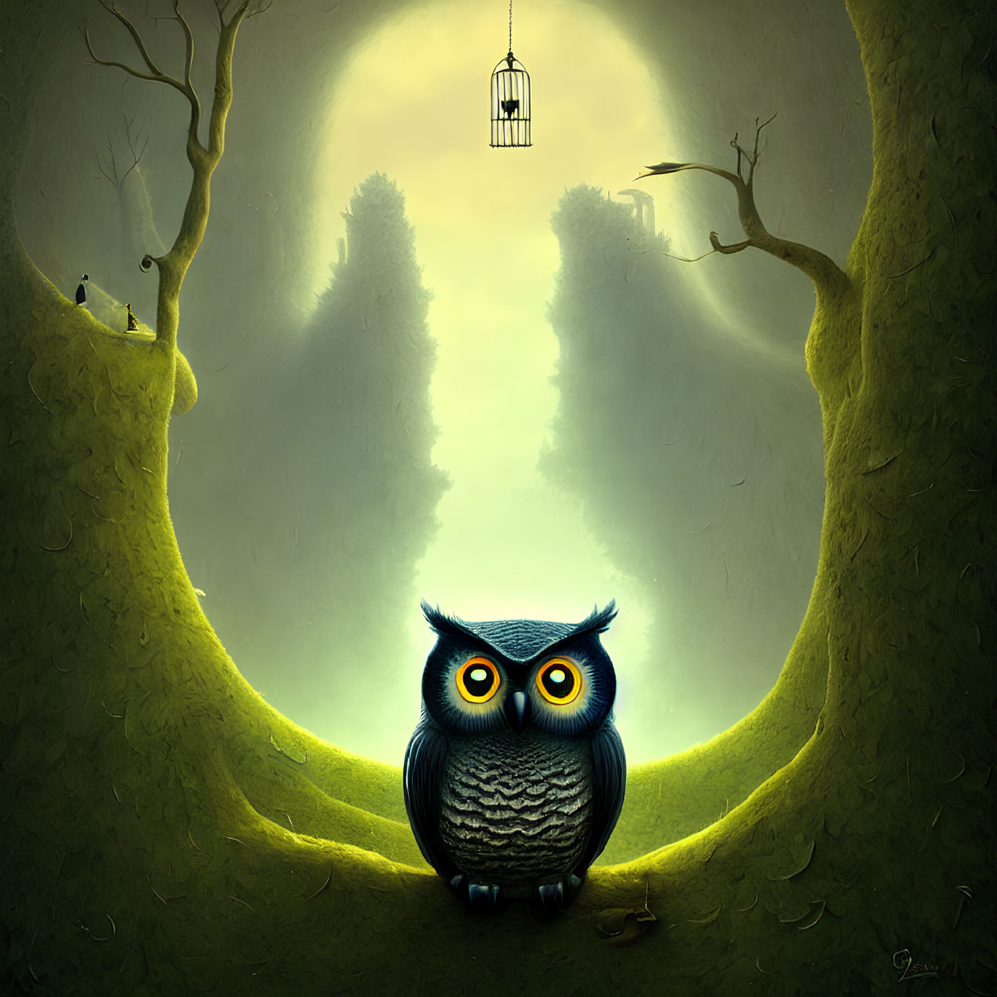 Blue-eyed owl in mystical forest with hanging cage - Art Print