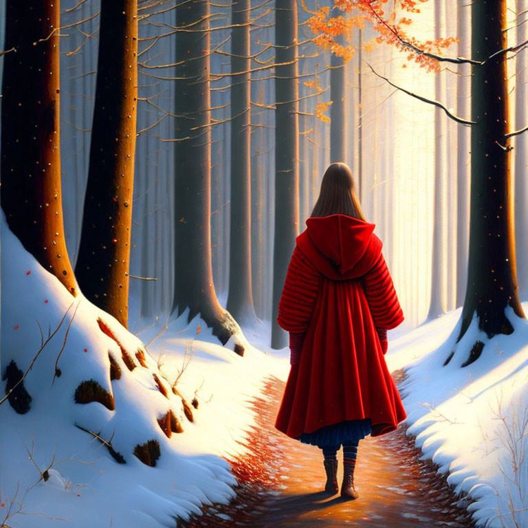 Person in red cloak walking snowy forest path under sunlight