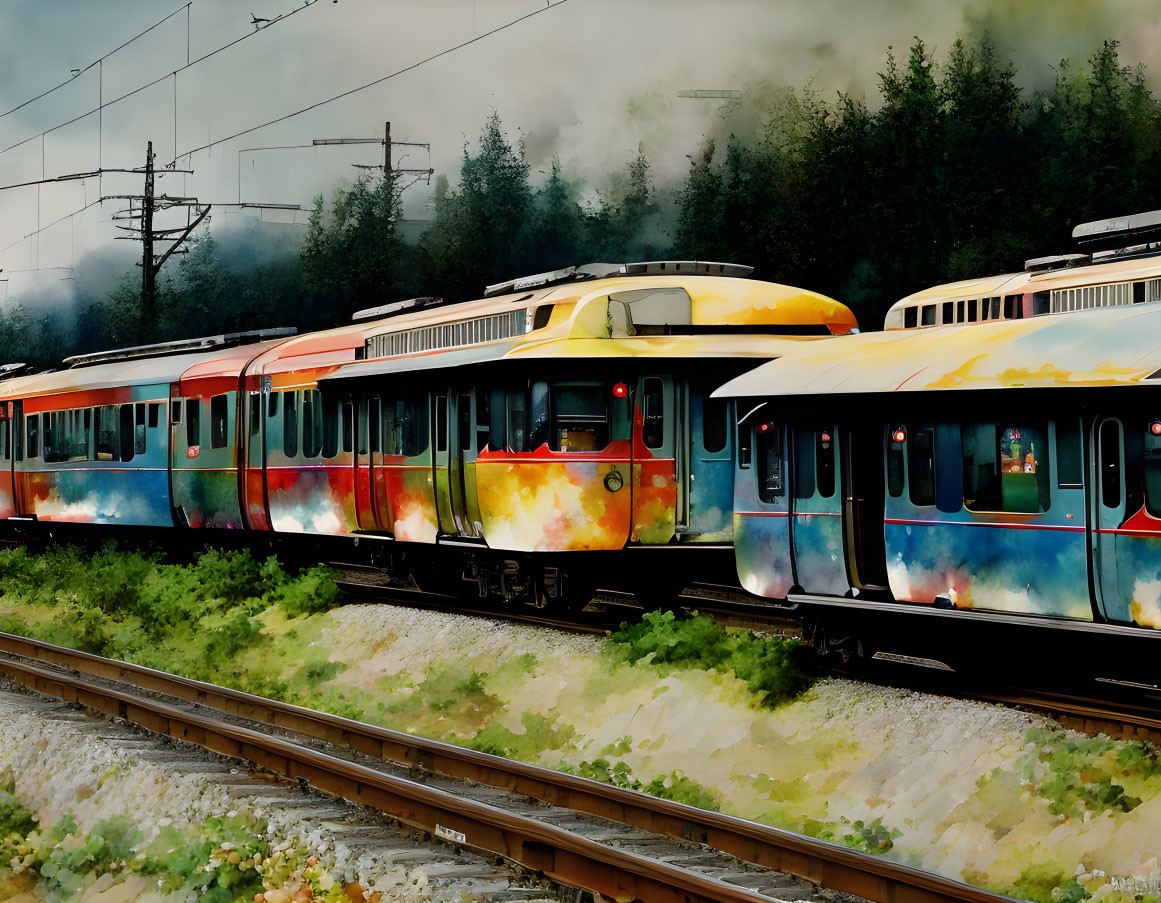 Vibrant painted trains on tracks with artistic splashes of color and rising steam.