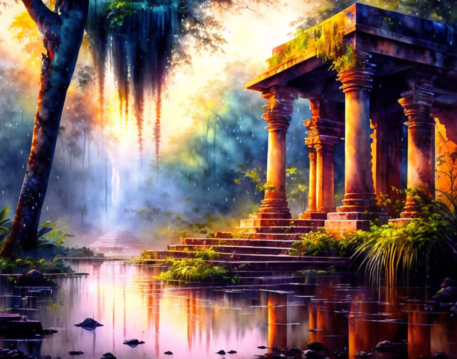 Ethereal scene of serene pond by ancient temple in mystical forest