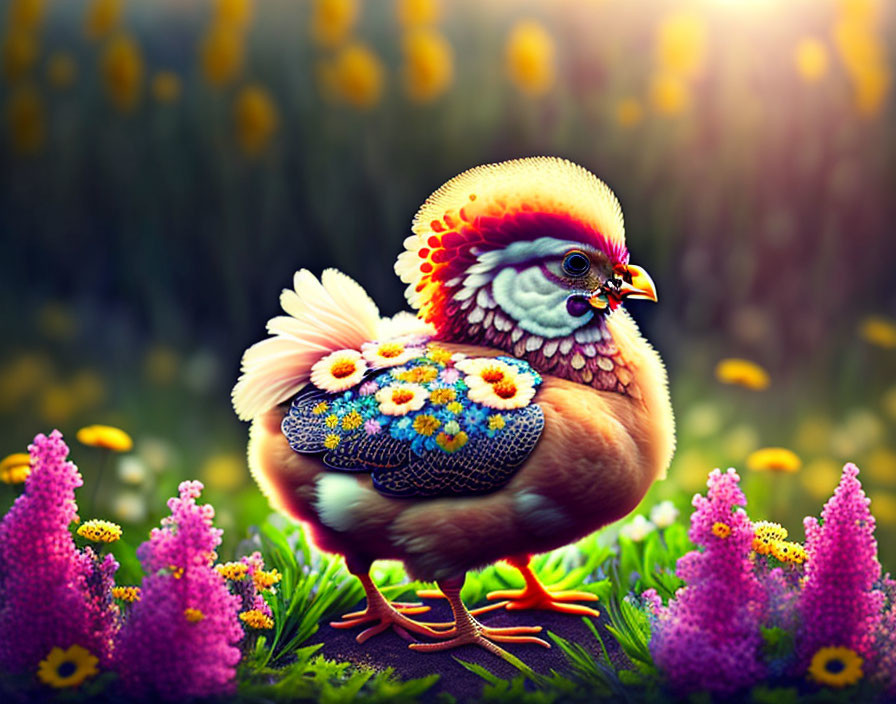 Vibrant stylized chicken in colorful field under soft sunlight