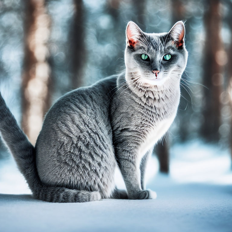 Gray cat with green eyes in snowy forest.