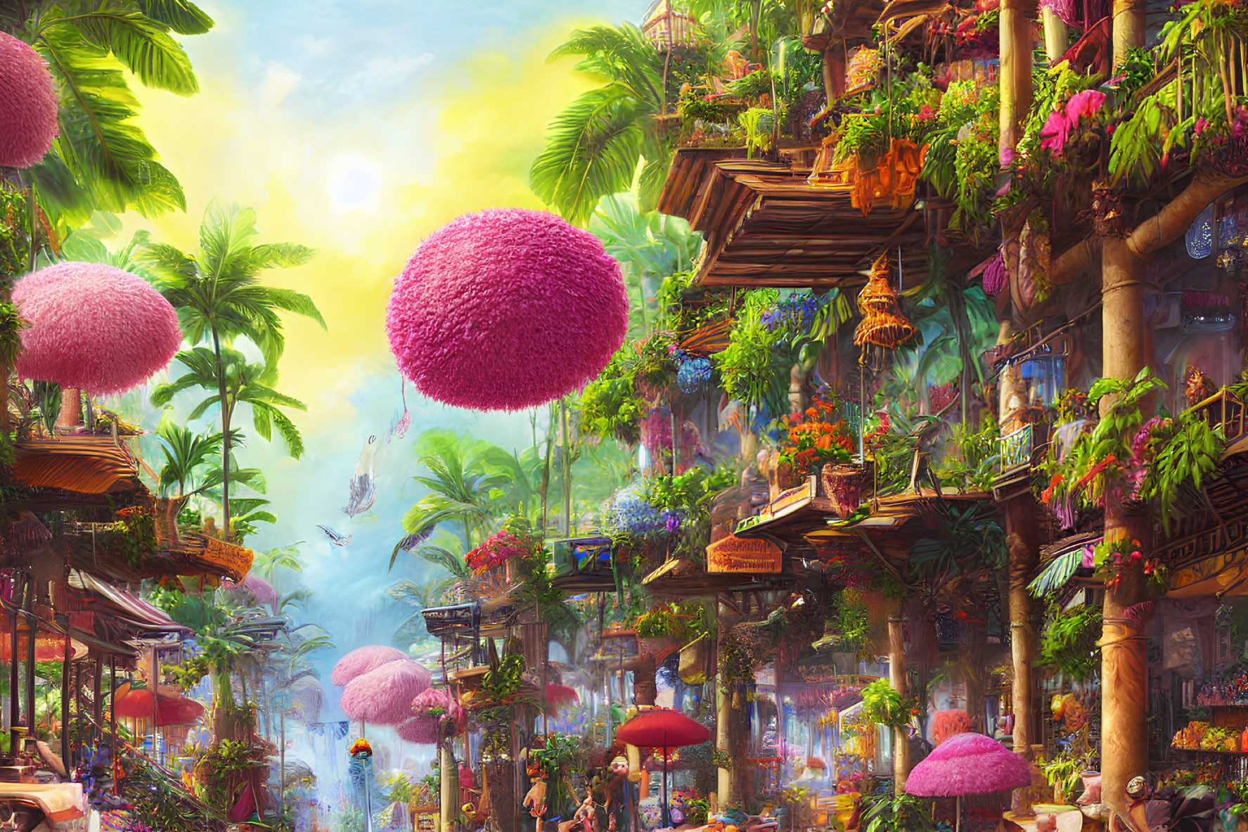 Vibrant fantasy landscape with towering trees and exotic plants