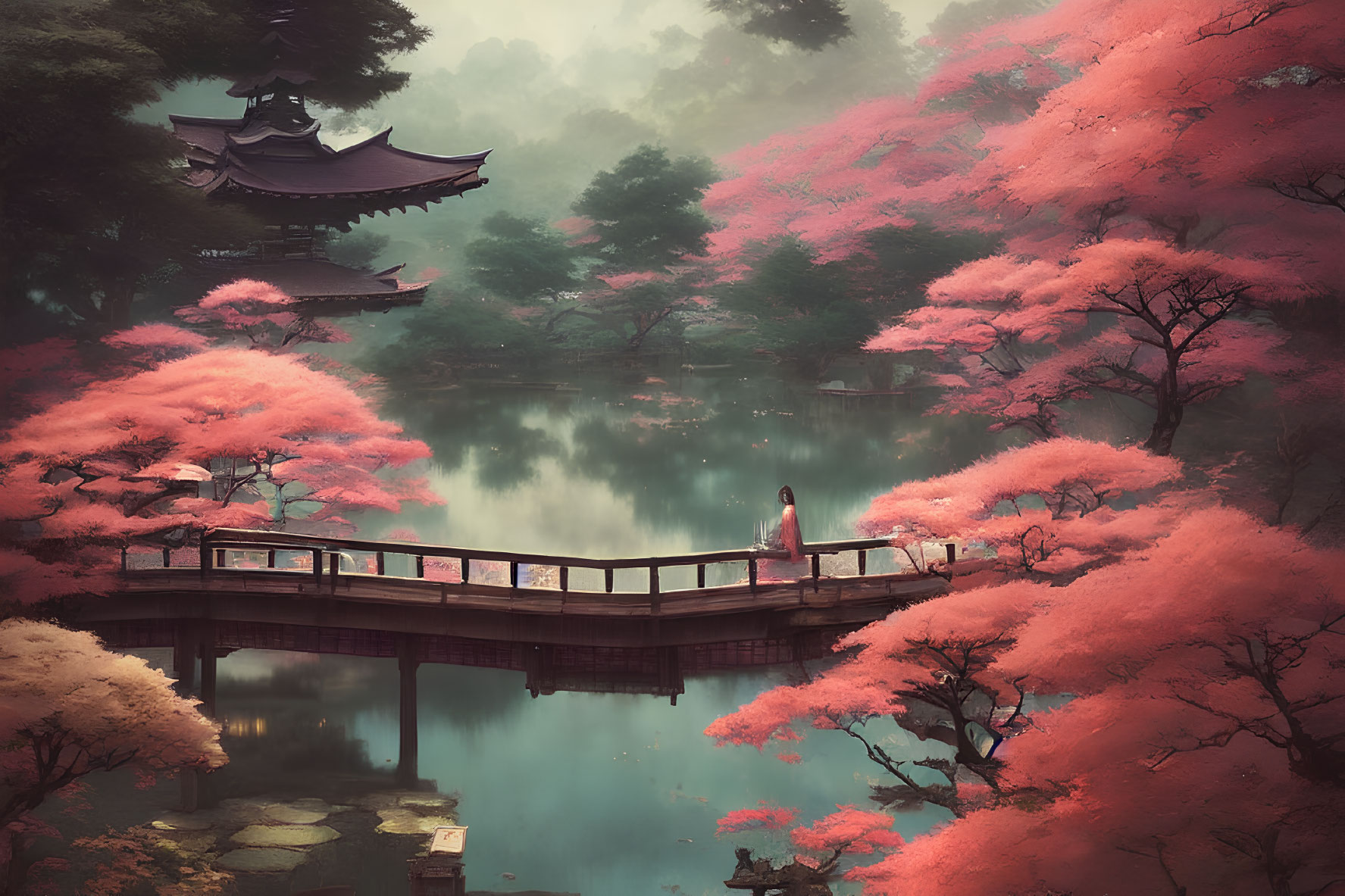 Person on Arched Wooden Bridge Among Pink Flowering Trees, Pond, and Pagoda