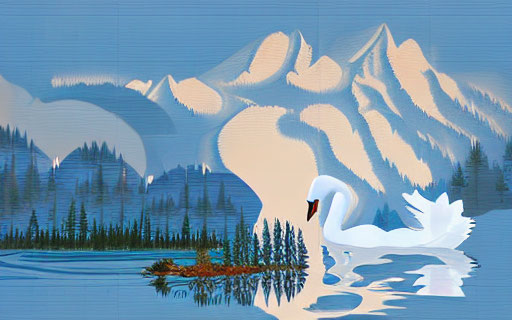 Swan digital art: serene water reflection, snowy mountain backdrop