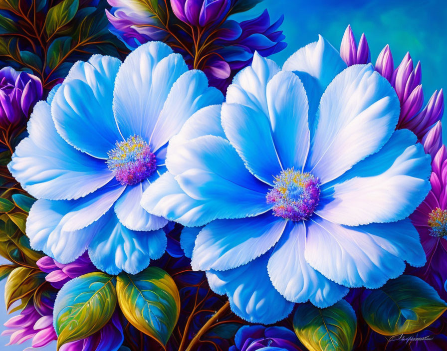 Colorful digital artwork featuring blue flowers and purple foliage with detailed textures.