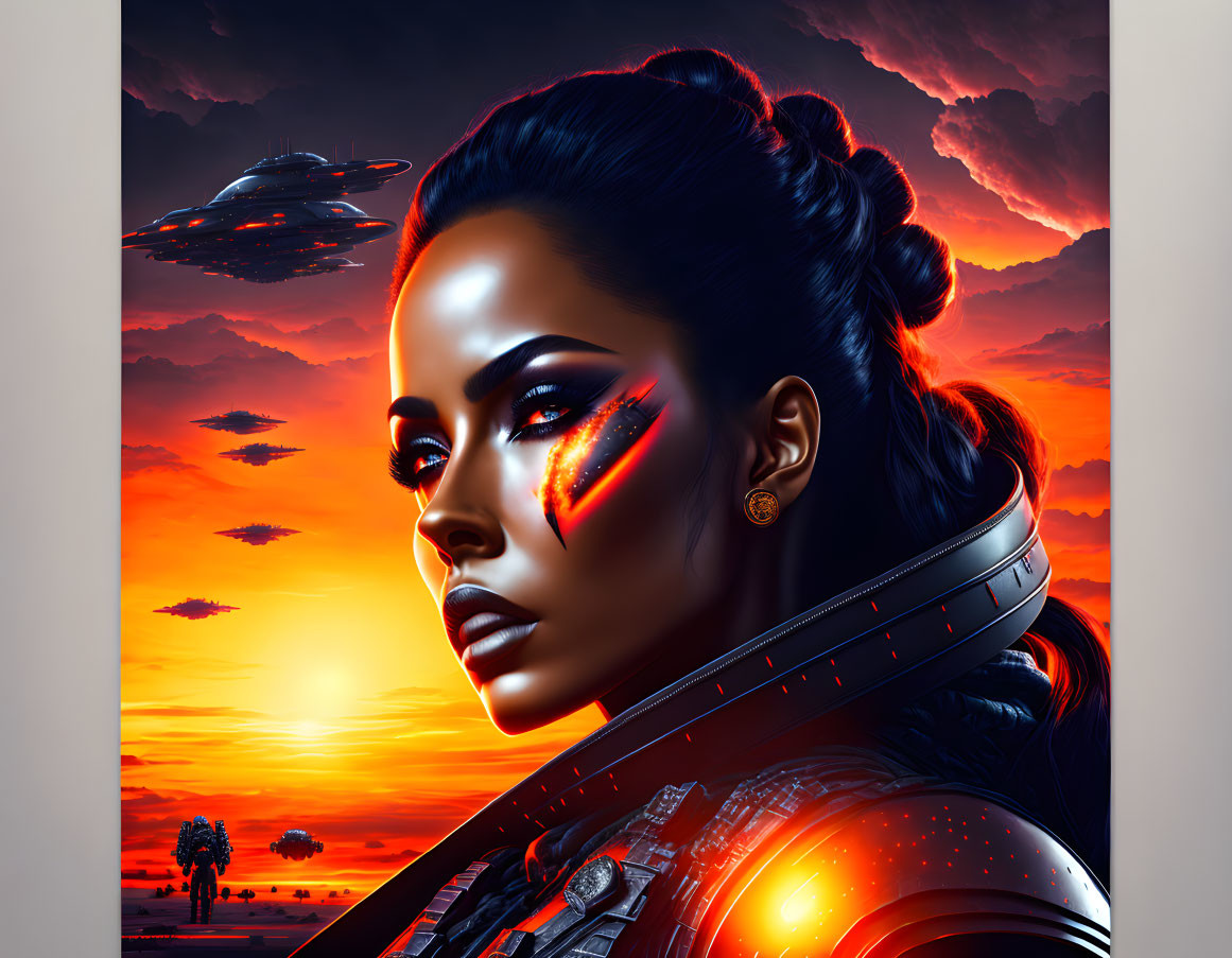 Futuristic woman with bold makeup and attire against sunset sky