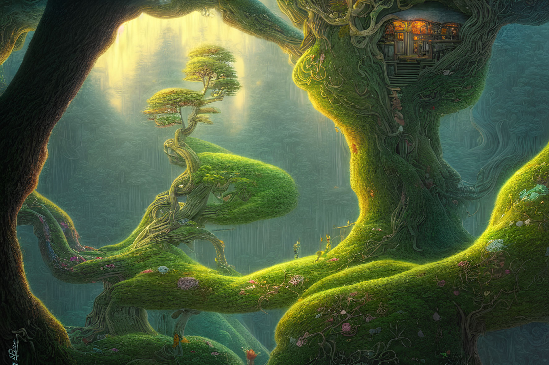 Twisted trees and glowing house in enchanted forest with ethereal light beams