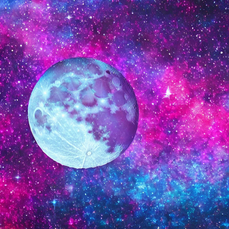 Detailed Blue Moon in Sparkling Pink and Blue Nebula Background