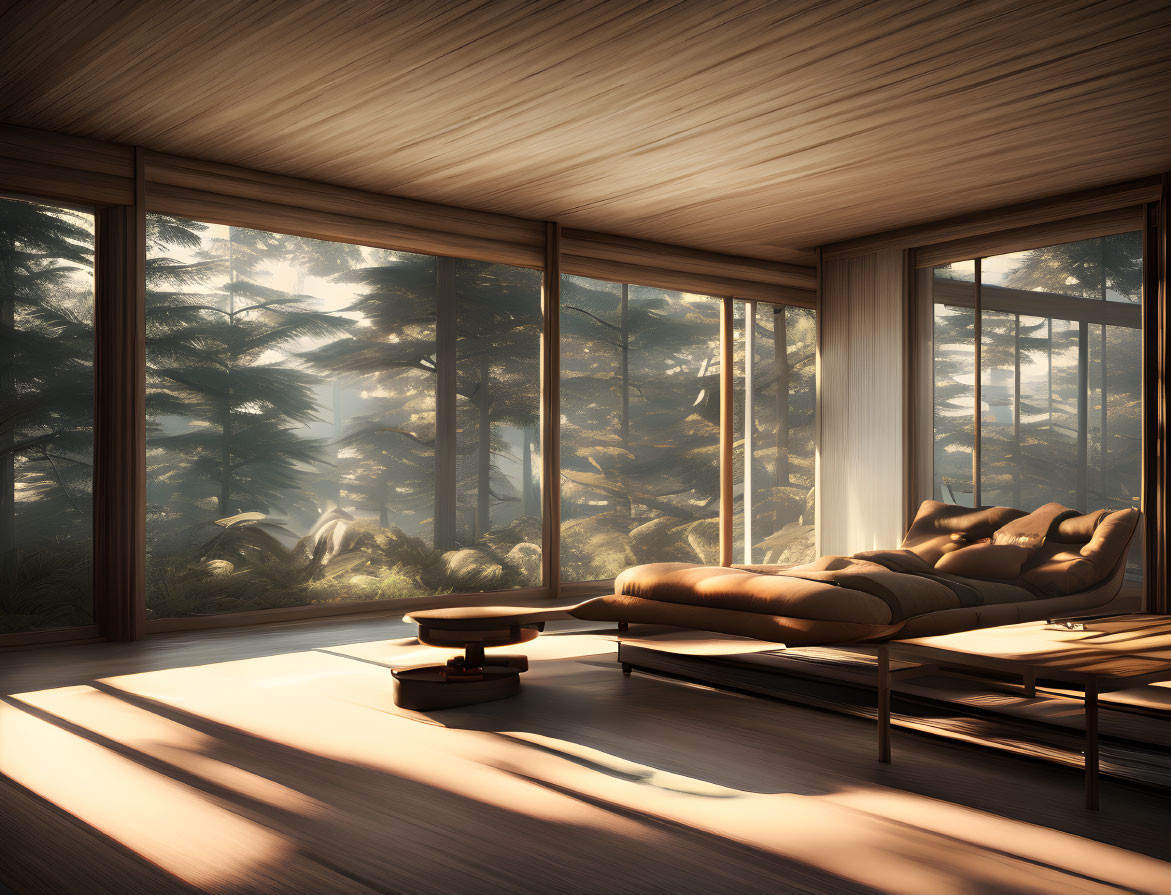 Modern interior with large window view of sunlit forest, sleek sofa, wooden floors