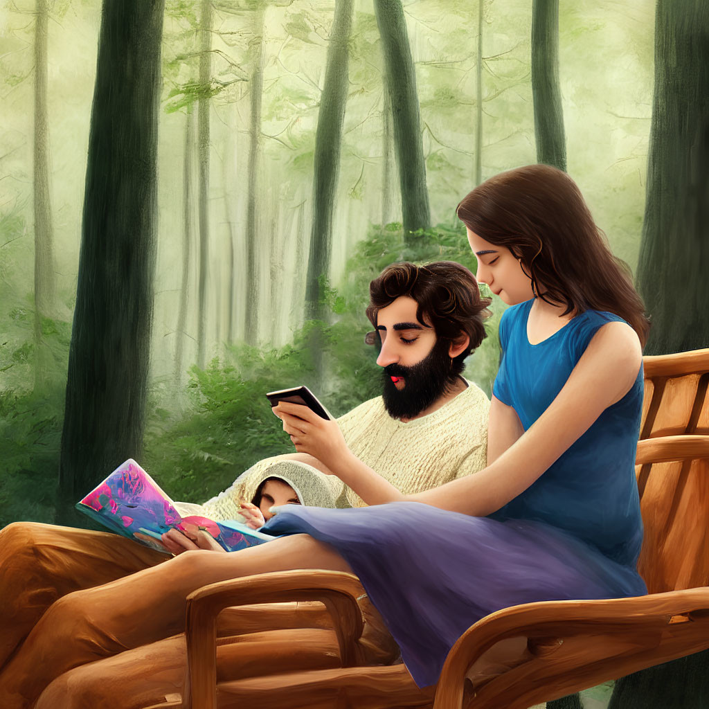 Couple on wooden bench in misty forest: man with phone, woman reading book.