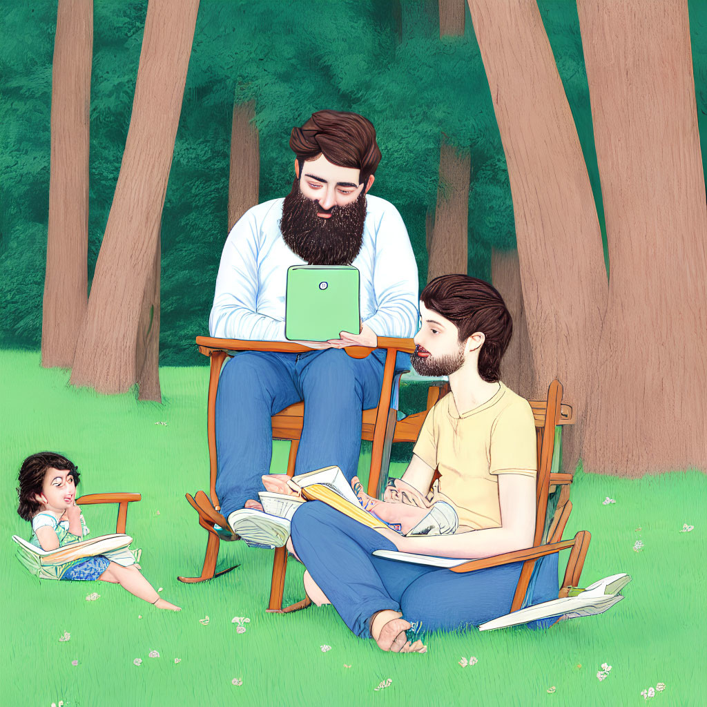 Two men and a child outdoors: one reads, the other uses a tablet