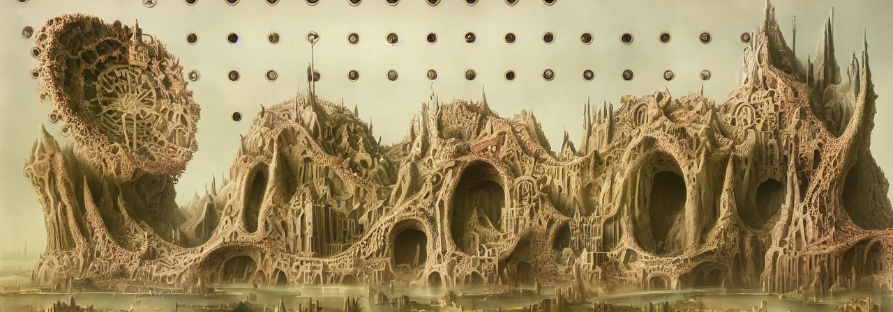 Panoramic fantasy landscape with intricate alien city architecture