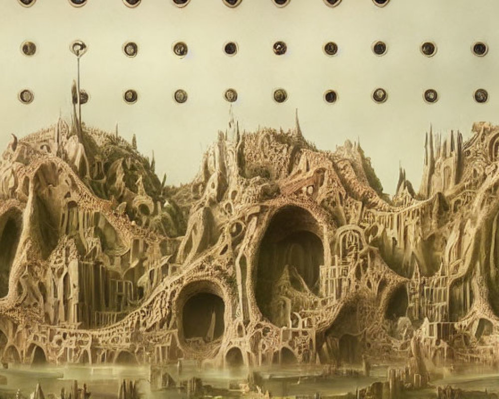 Panoramic fantasy landscape with intricate alien city architecture