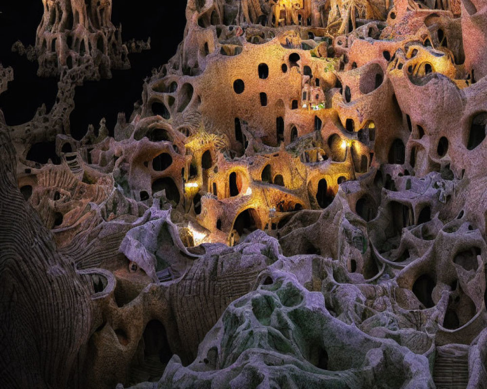 Fractal Alien City Landscape with Lit Windows in Dark & Golden Hues