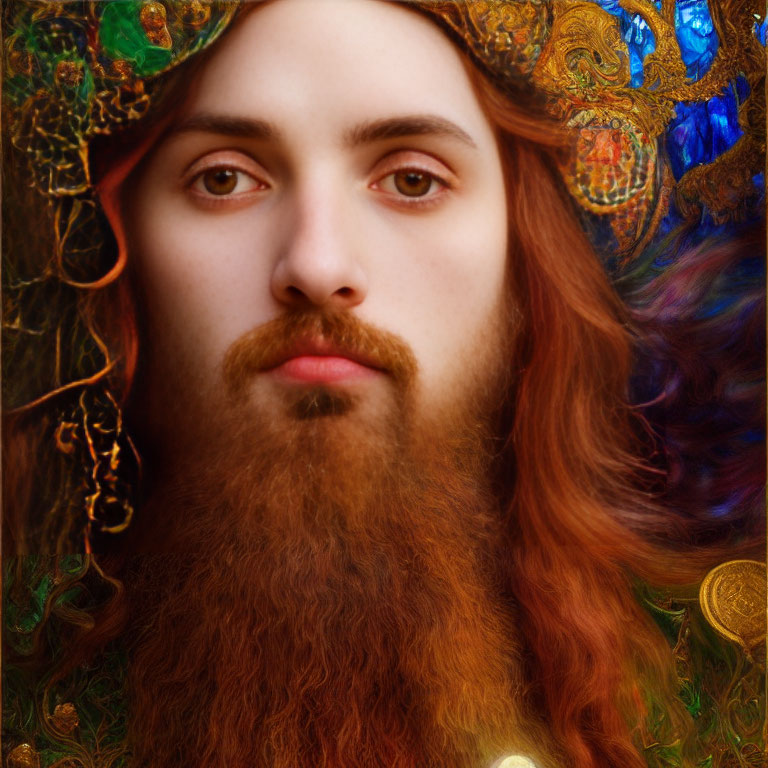 Bearded man with long hair against colorful intricate backdrop