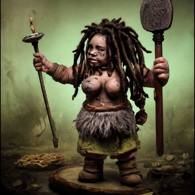 Tribal warrior figurine with dreadlocks, sword, and shield on misty pedestal