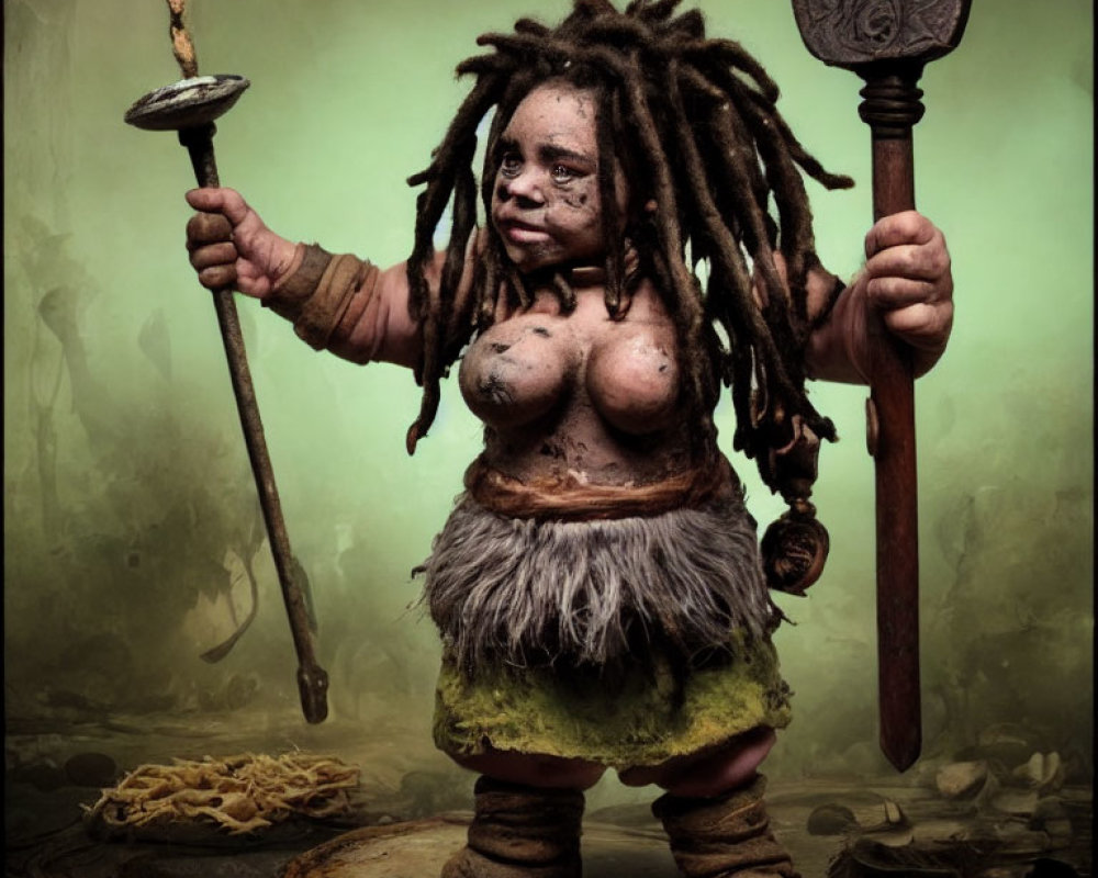 Tribal warrior figurine with dreadlocks, sword, and shield on misty pedestal