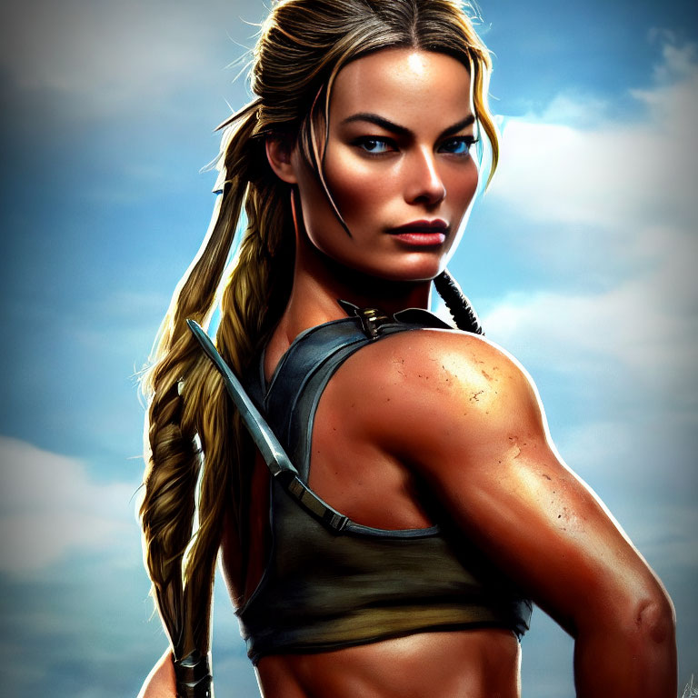 Digital artwork of a female warrior with a braid holding a spear under cloudy sky