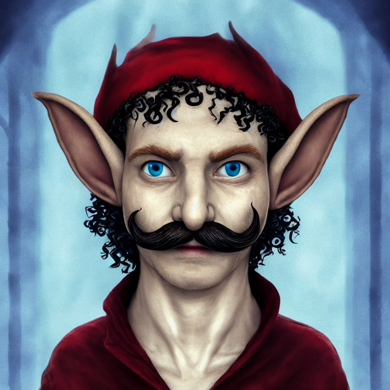 Character with Pointed Ears, Blue Eyes, Curly Hair, Large Mustache, Red Cap