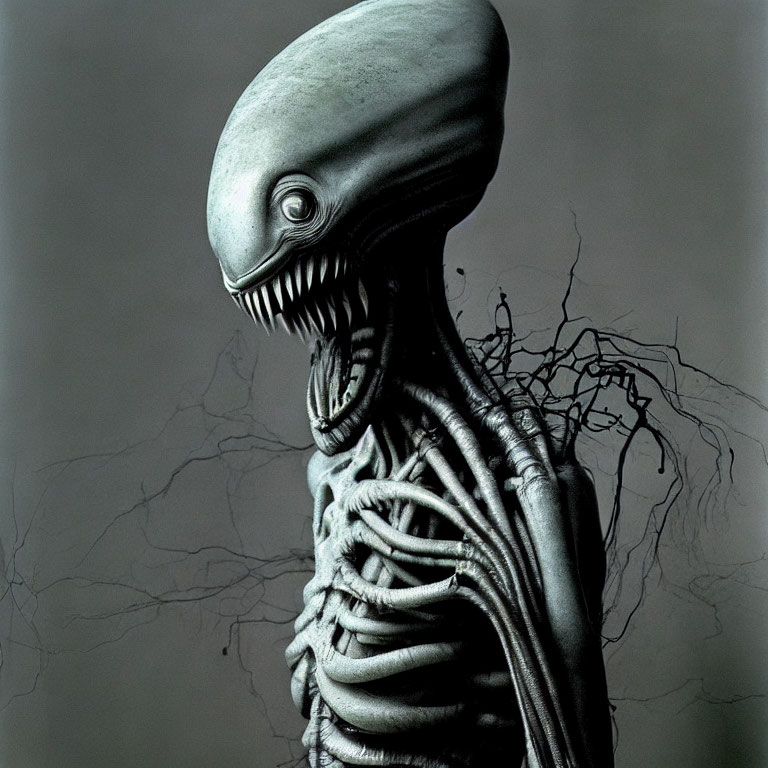 Unique digital artwork: humanoid alien with long head, eyeless, sharp teeth, skeletal body with vein