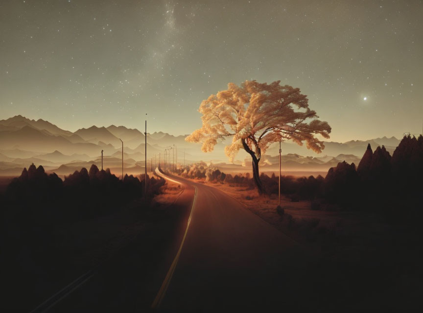 Desert night scene: winding road, glowing tree, starry sky, shadowy mountains