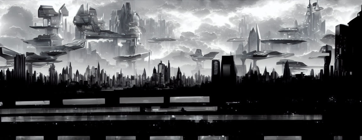 Monochromatic futuristic cityscape with skyscrapers and flying vehicles