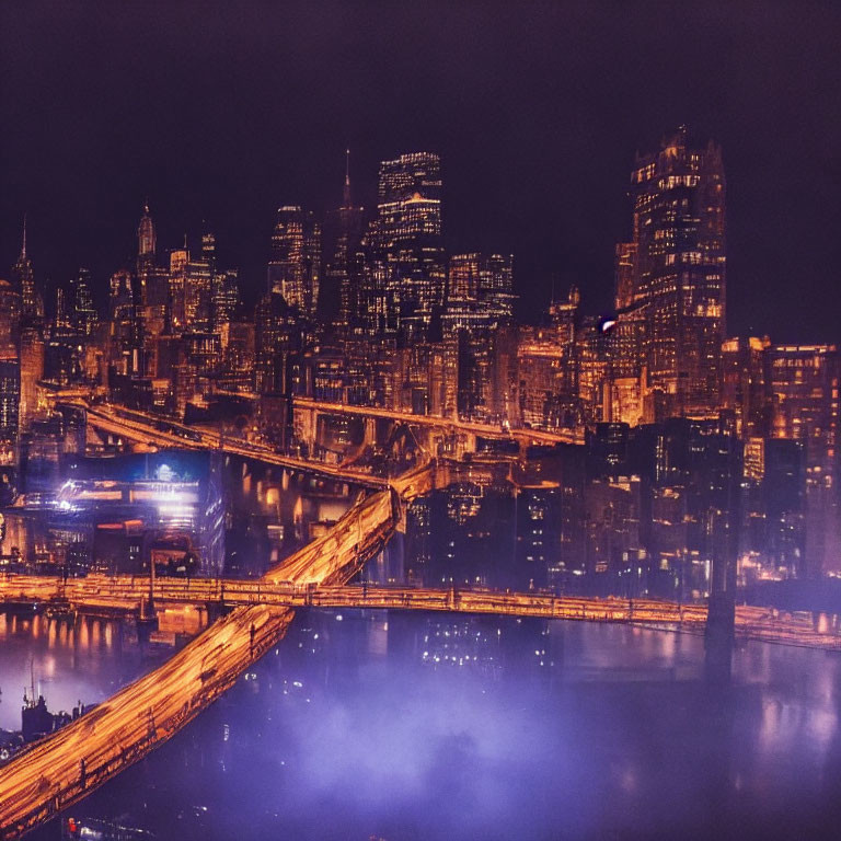 Urban skyline with illuminated bridge and skyscrapers at night