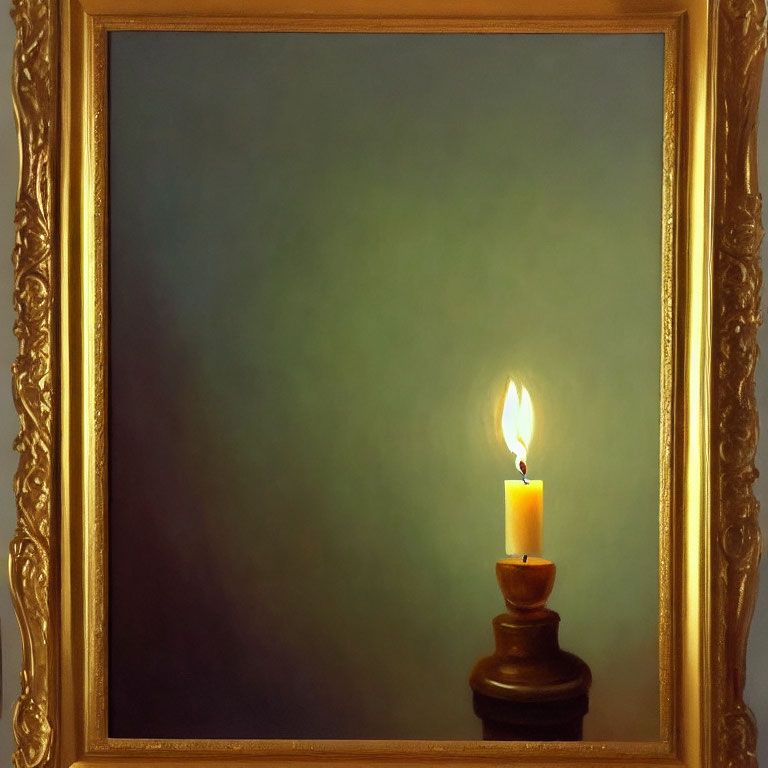 Bright Flame Candle in Ornate Golden Frame on Dark Background