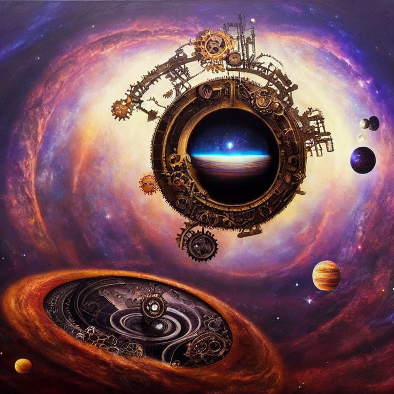 Surreal cosmic painting with circular portal, mechanical gears, and swirling planets