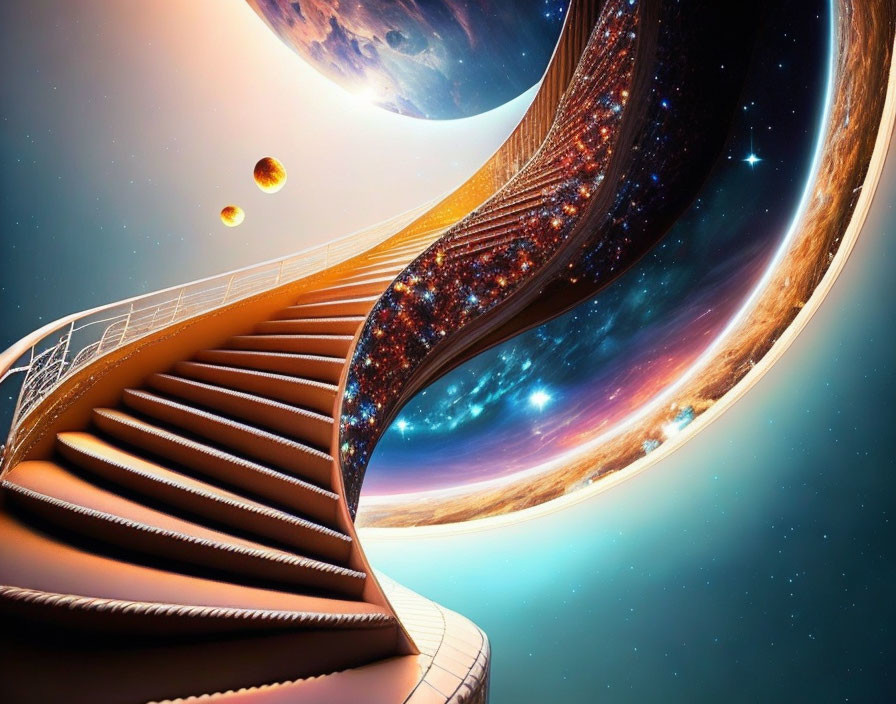 Surreal cosmic landscape with elegant spiral staircase and starry sky.