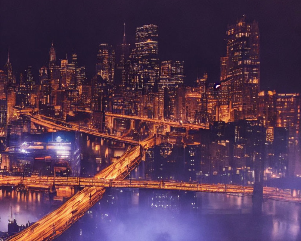 Urban skyline with illuminated bridge and skyscrapers at night