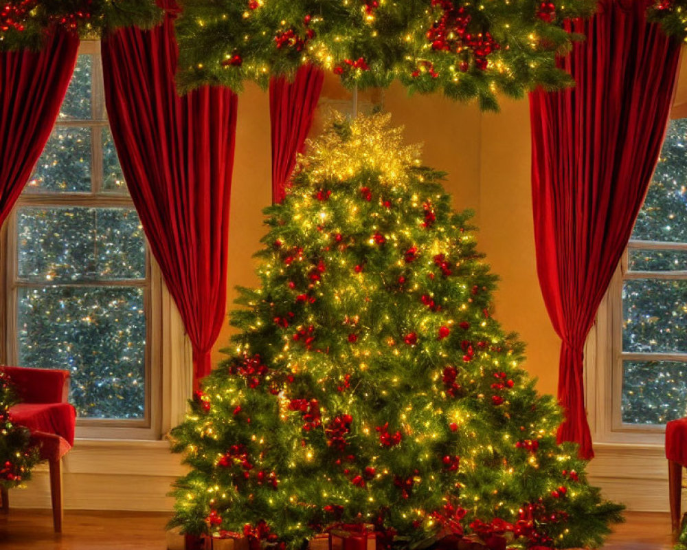 Festive Christmas tree with red ornaments and gifts in cozy room