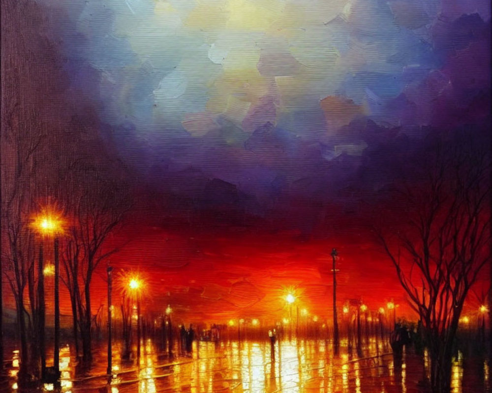 Vivid Oil Painting: Sunset with Glowing Lights and Silhouetted Trees