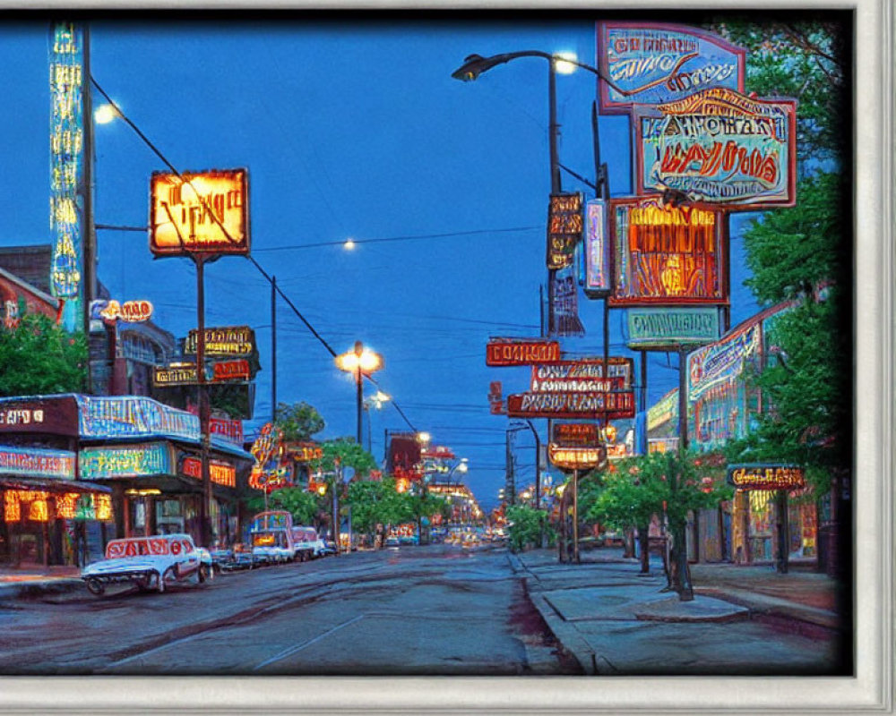 Vivid street at dusk with neon signs, empty road, and twilight sky in framed photo