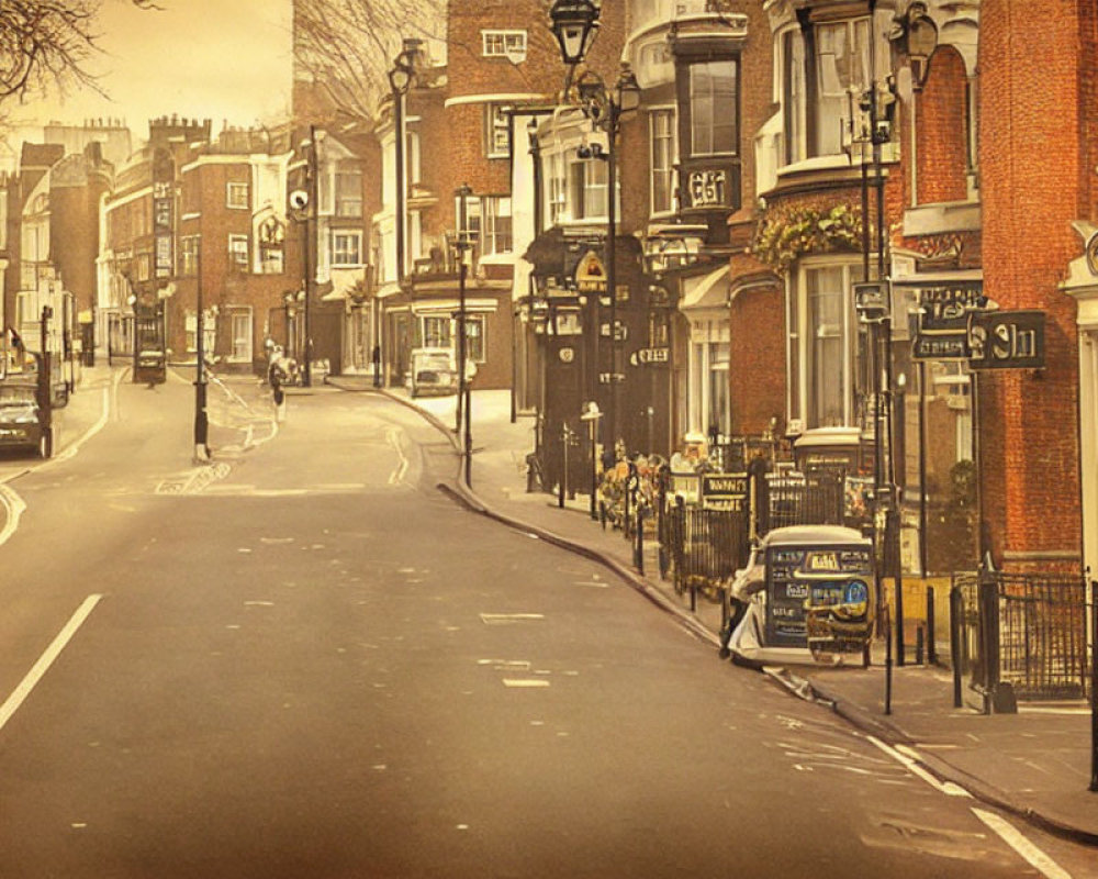 Sepia-Toned Urban Street with Classic Brick Buildings and Vintage Signs