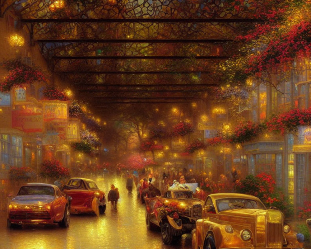 Vintage cars and pedestrians on rain-soaked street under glowing lights and floral trellises