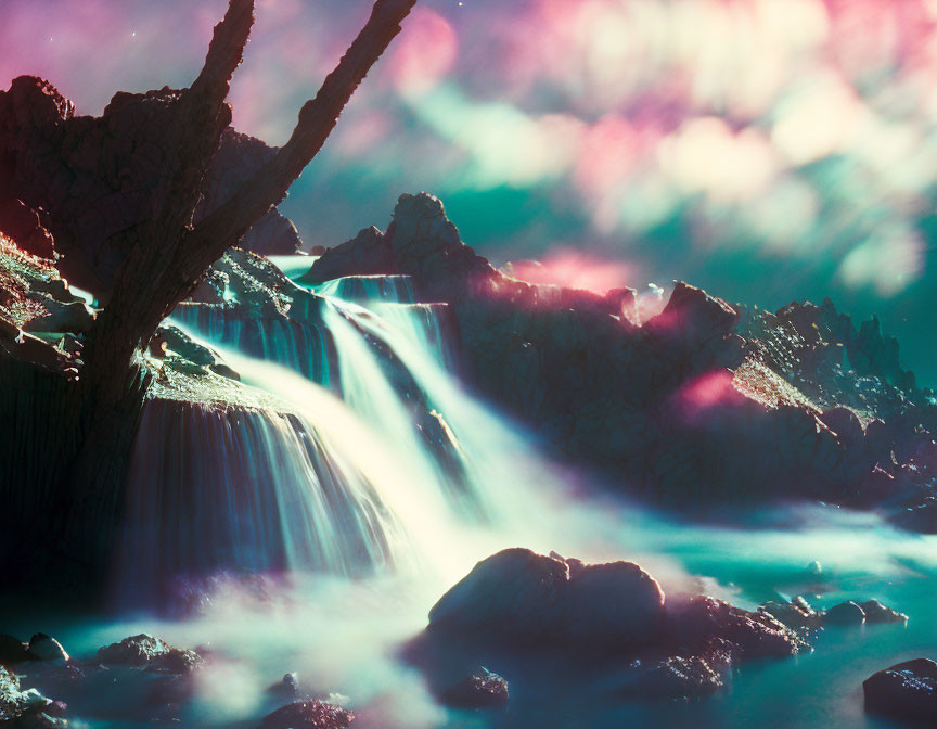 Vibrant surreal landscape with silky waterfall and colorful sky