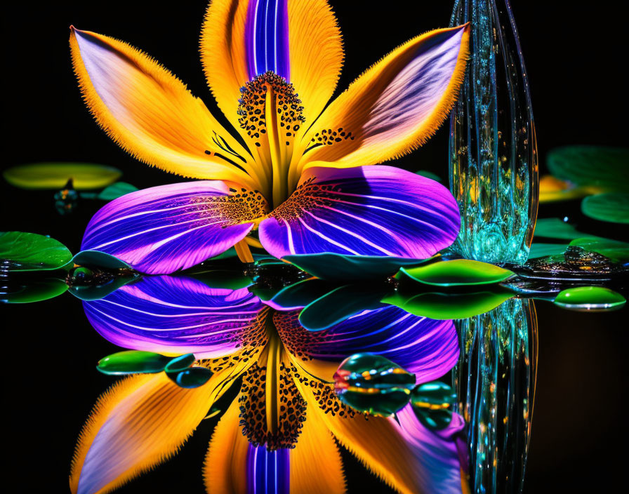 Digitally-enhanced vibrant flower reflected on water with lily pads