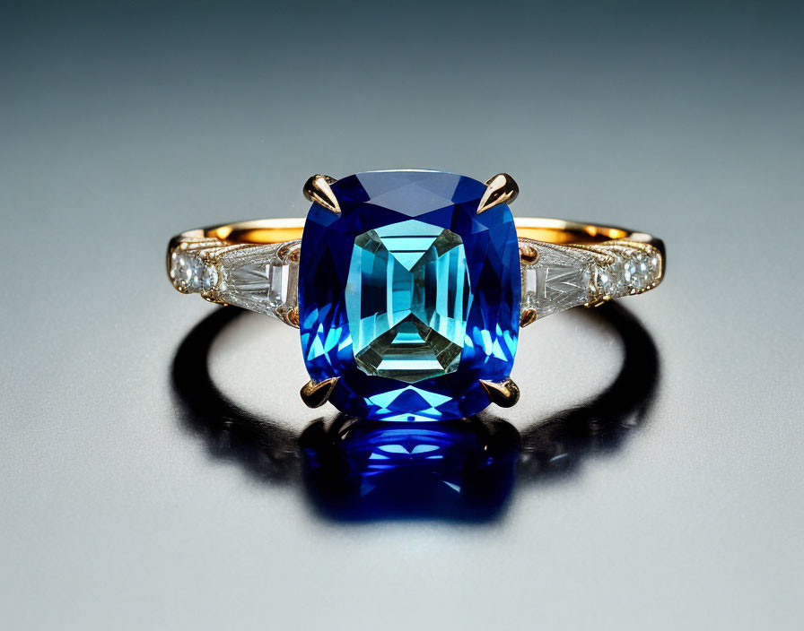 Gold Ring with Large Blue Gemstone and Diamonds on Gradient Background