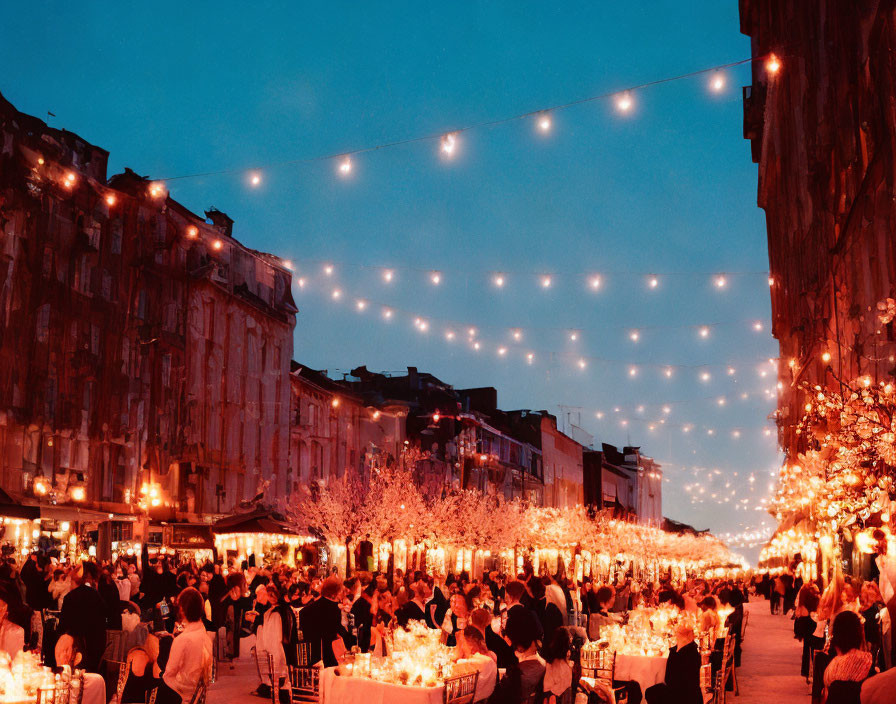 Outdoor Twilight Gathering with Illuminated Tables and Festive Lights