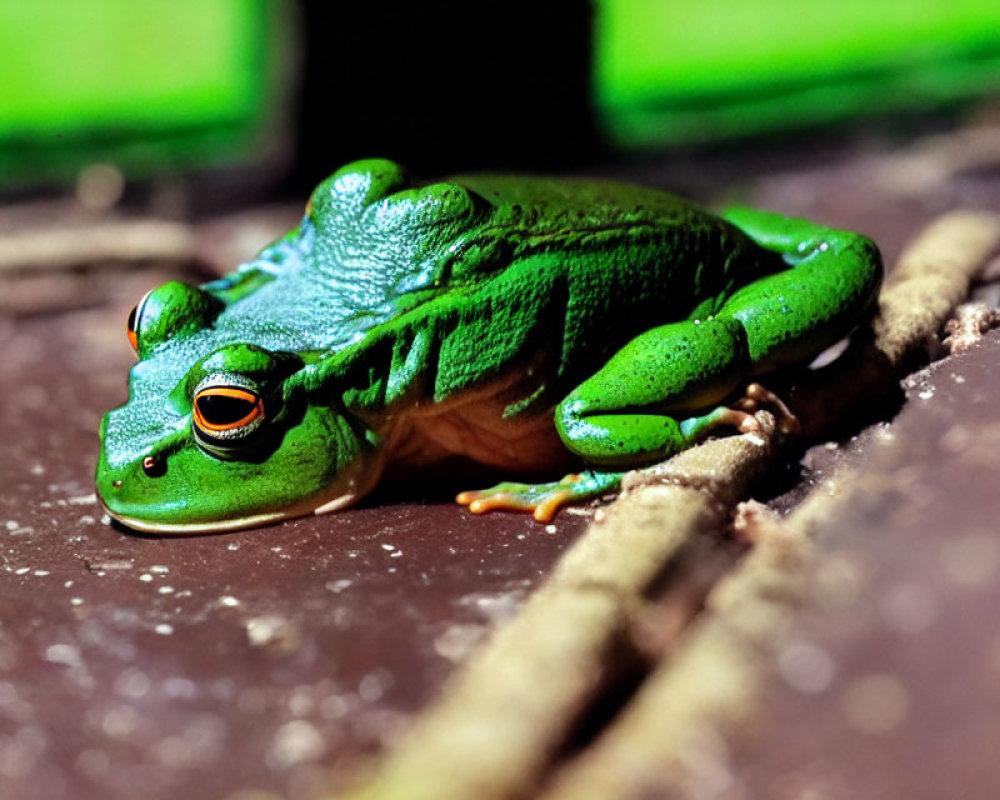 Colorful Green Frog with Orange Feet on Wooden Surface